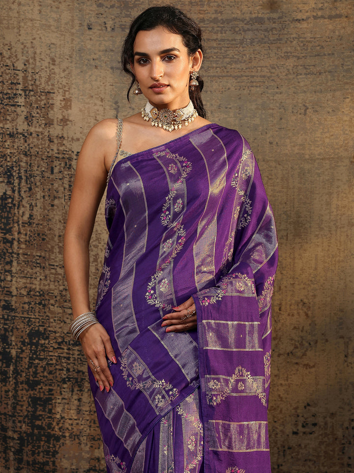 Purple Woven Design Silk Blend Banarasi Saree With Unstitched Blouse Piece