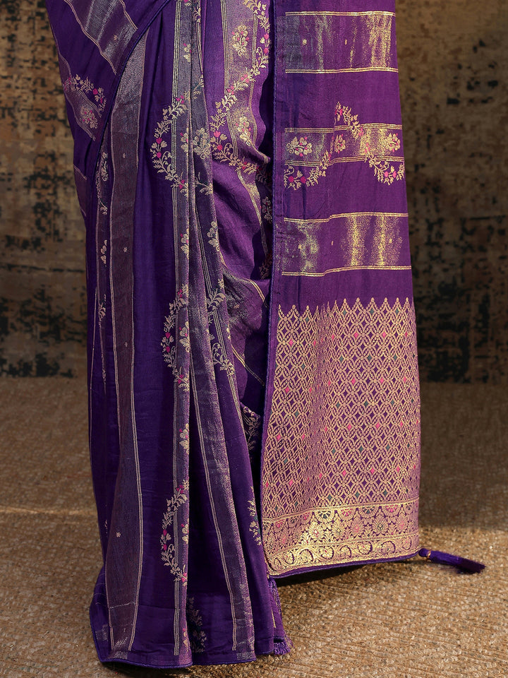 Purple Woven Design Silk Blend Banarasi Saree With Unstitched Blouse Piece