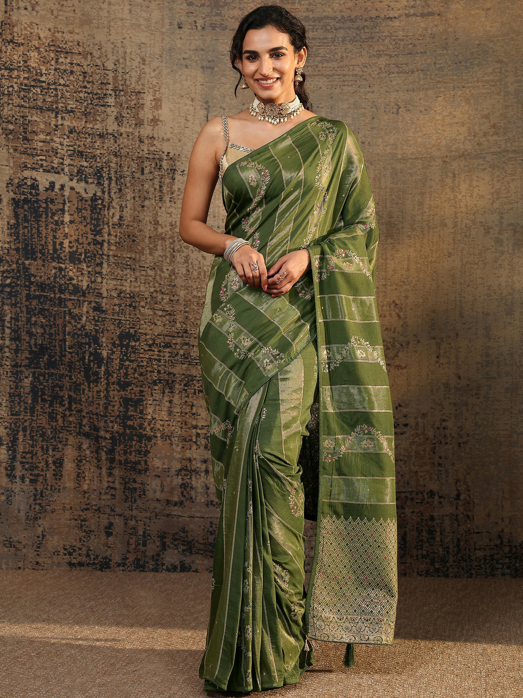 Olive Woven Design Silk Blend Saree With Unstitched Blouse Piece
