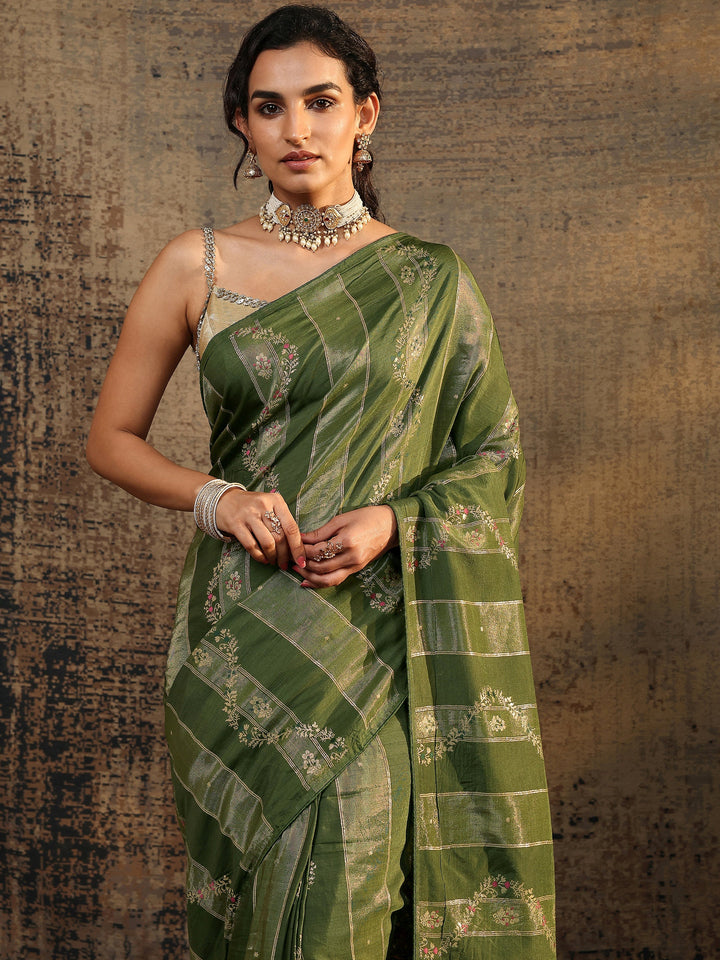 Olive Woven Design Silk Blend Saree With Unstitched Blouse Piece