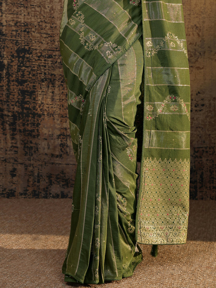 Olive Woven Design Silk Blend Saree With Unstitched Blouse Piece