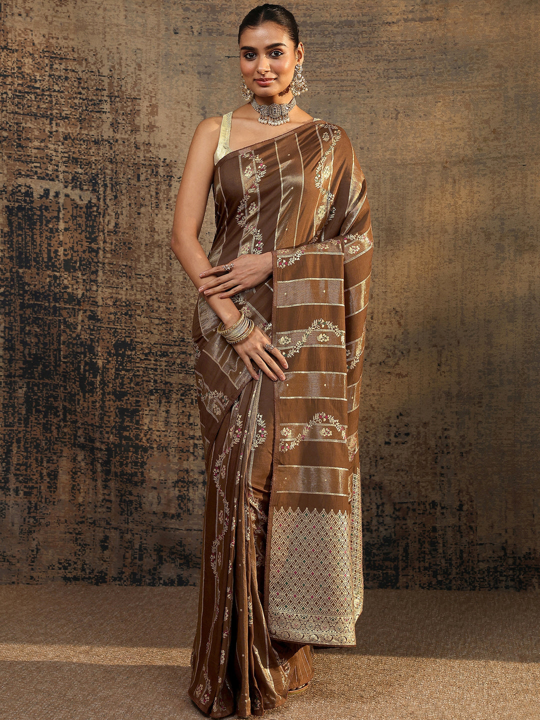 Brown Woven Design Silk Blend Saree With Unstitched Blouse Piece