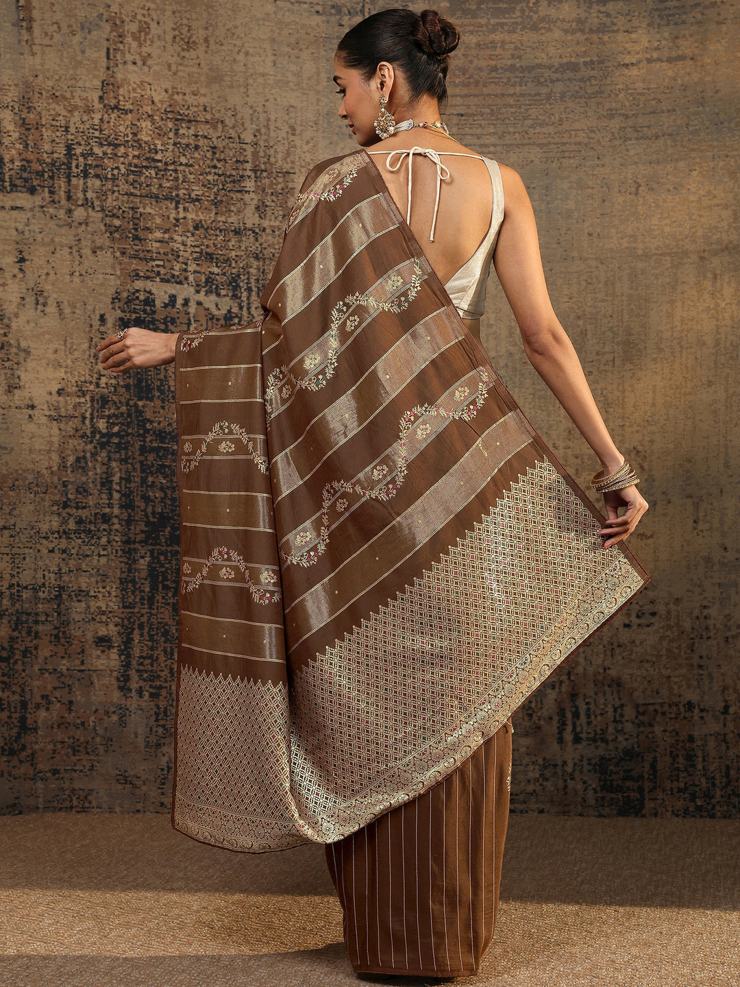Brown Woven Design Silk Blend Saree With Unstitched Blouse Piece