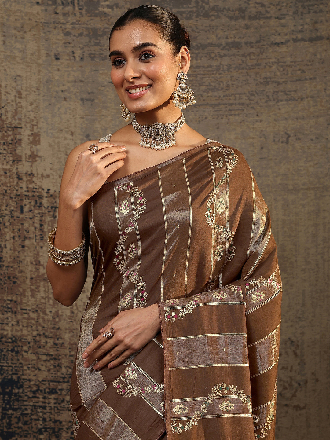 Brown Woven Design Silk Blend Saree With Unstitched Blouse Piece