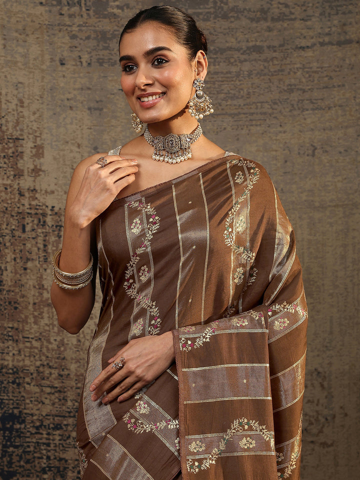 Brown Woven Design Silk Blend Saree With Unstitched Blouse Piece