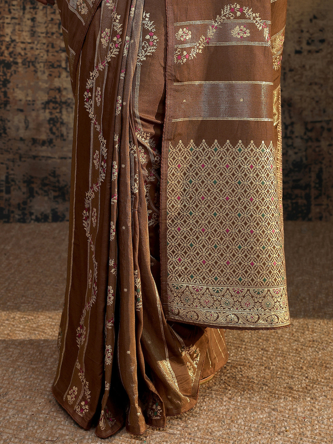 Brown Woven Design Silk Blend Saree With Unstitched Blouse Piece