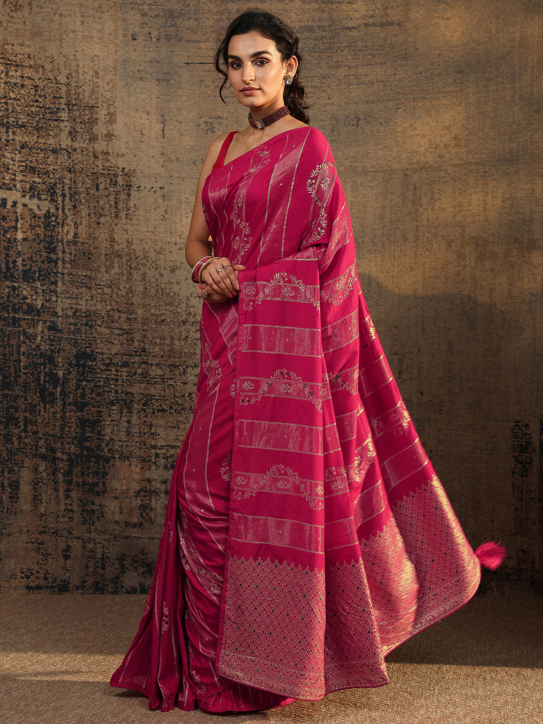 Pink Woven Design Silk Blend Banarasi Saree With Unstitched Blouse Piece