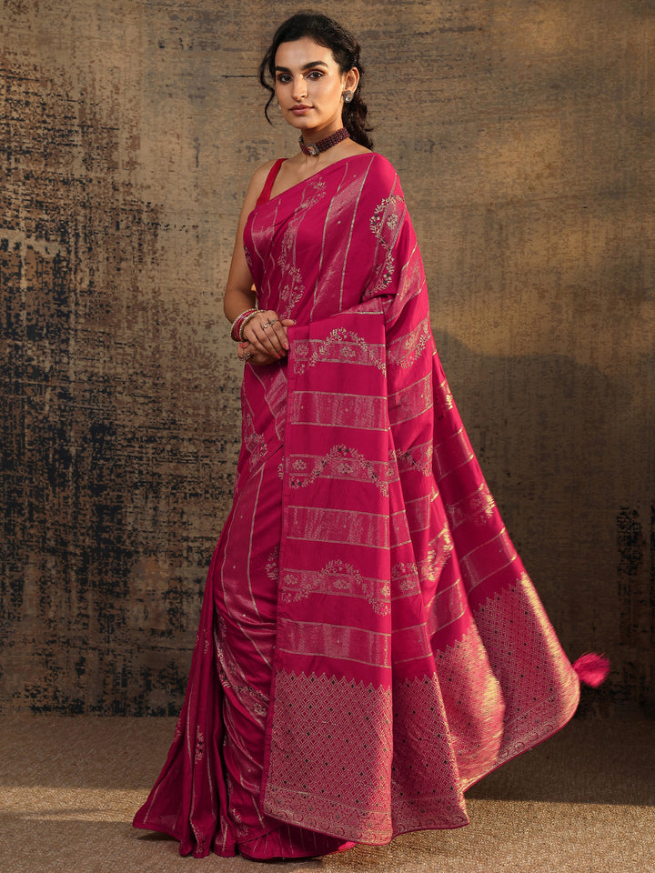 Pink Woven Design Silk Blend Banarasi Saree With Unstitched Blouse Piece