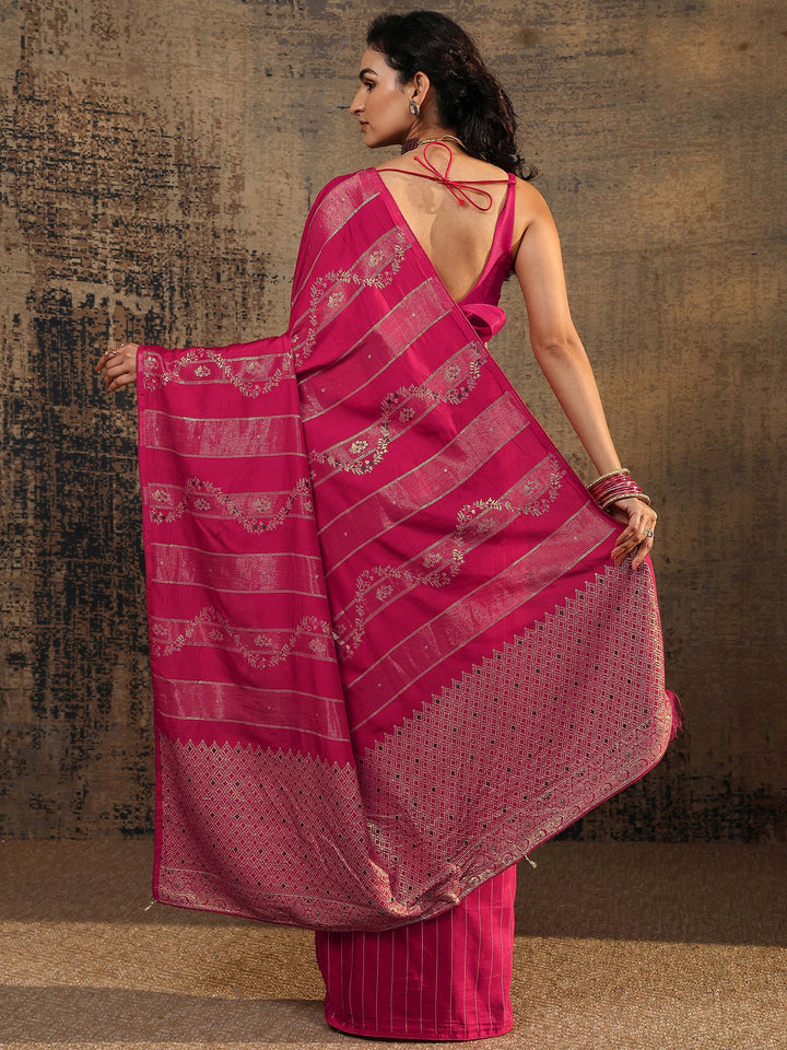 Pink Woven Design Silk Blend Banarasi Saree With Unstitched Blouse Piece