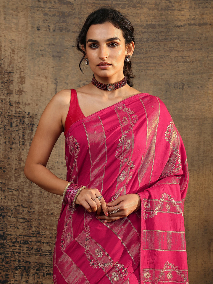 Pink Woven Design Silk Blend Banarasi Saree With Unstitched Blouse Piece