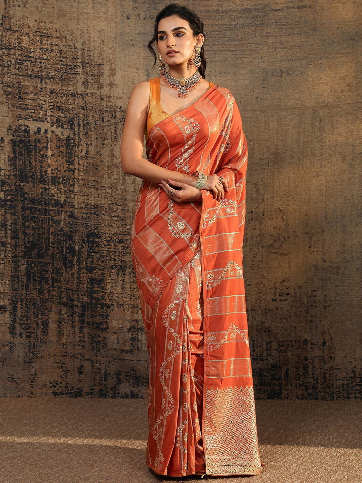 Orange Woven Design Silk Blend Saree With Unstitched Blouse Piece