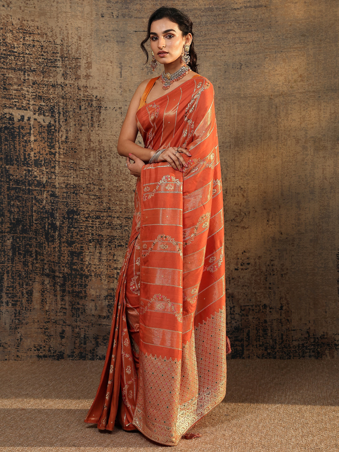Orange Woven Design Silk Blend Saree With Unstitched Blouse Piece