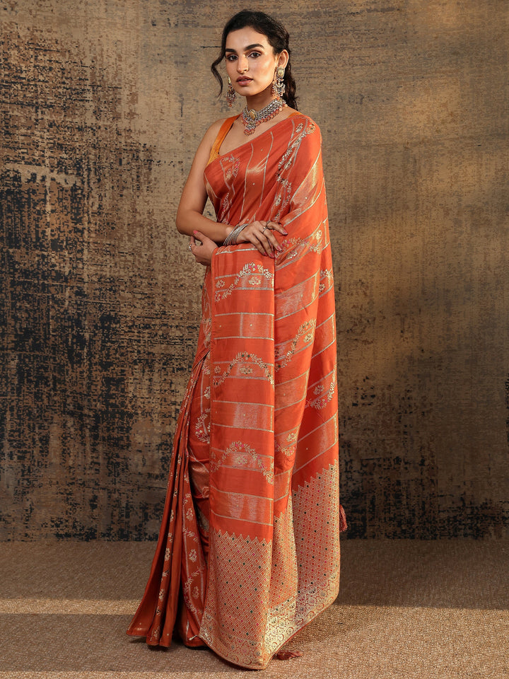 Orange Woven Design Silk Blend Saree With Unstitched Blouse Piece