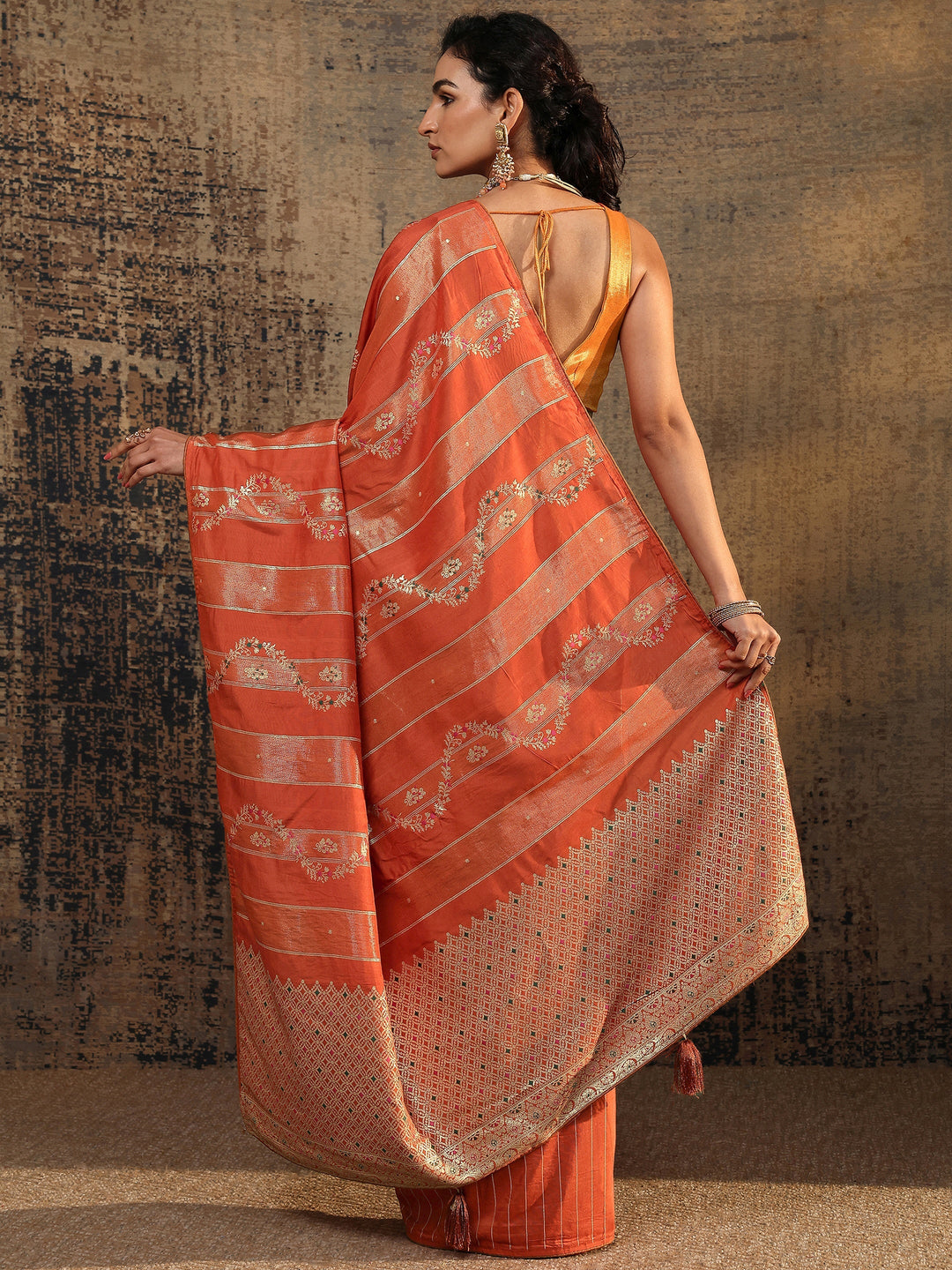 Orange Woven Design Silk Blend Saree With Unstitched Blouse Piece