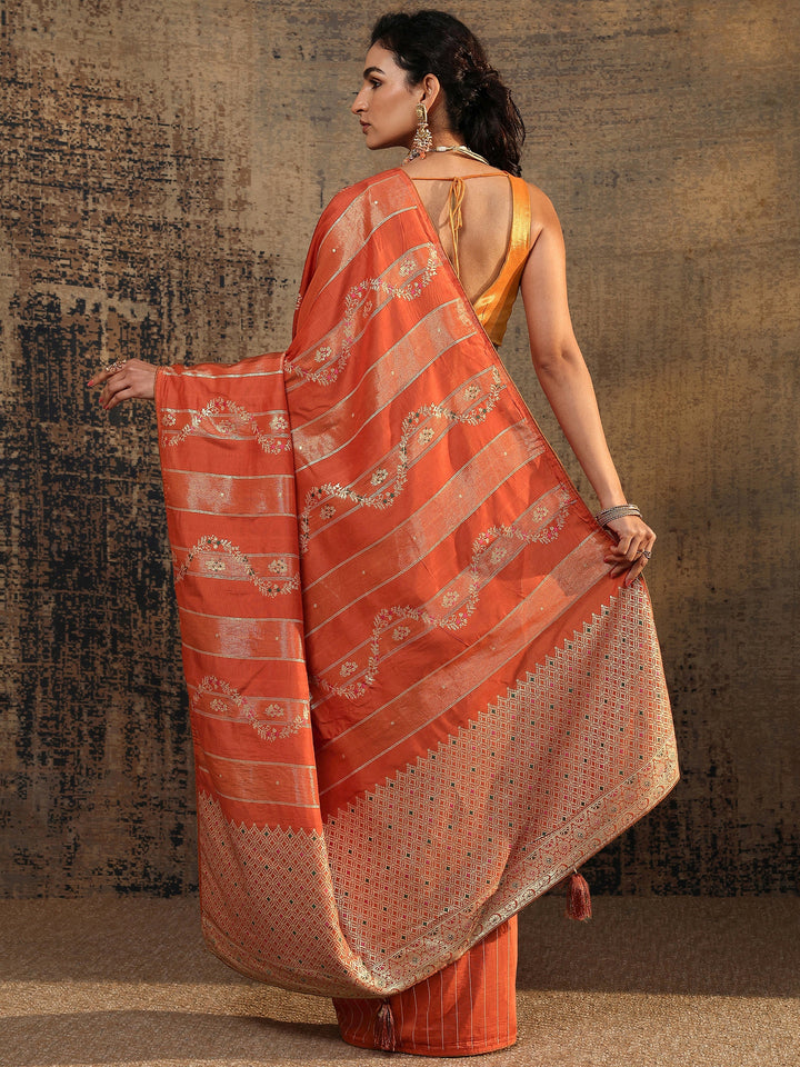 Orange Woven Design Silk Blend Saree With Unstitched Blouse Piece