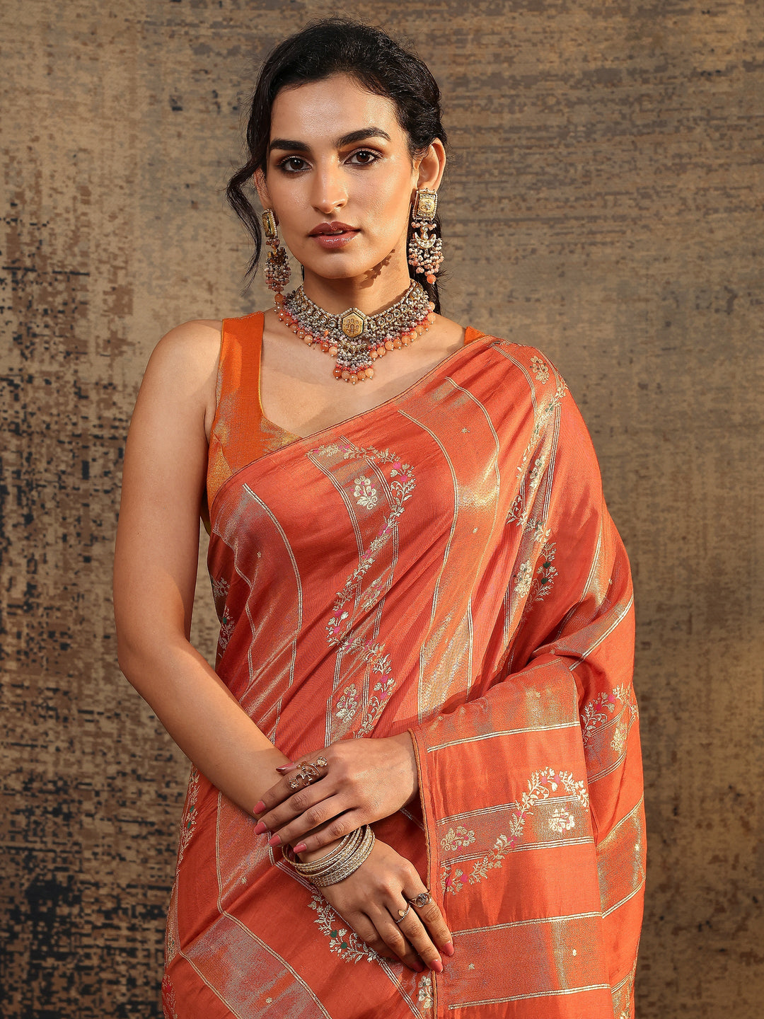 Orange Woven Design Silk Blend Saree With Unstitched Blouse Piece