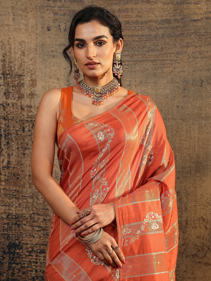 Orange Woven Design Silk Blend Saree With Unstitched Blouse Piece