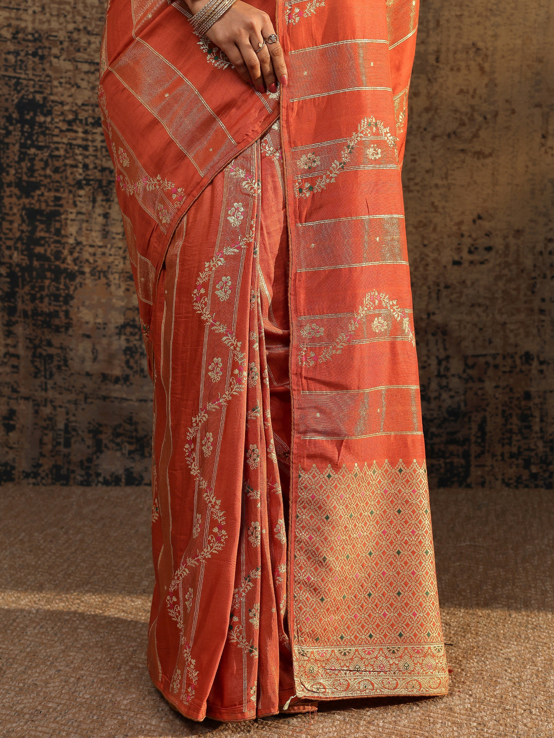 Orange Woven Design Silk Blend Saree With Unstitched Blouse Piece