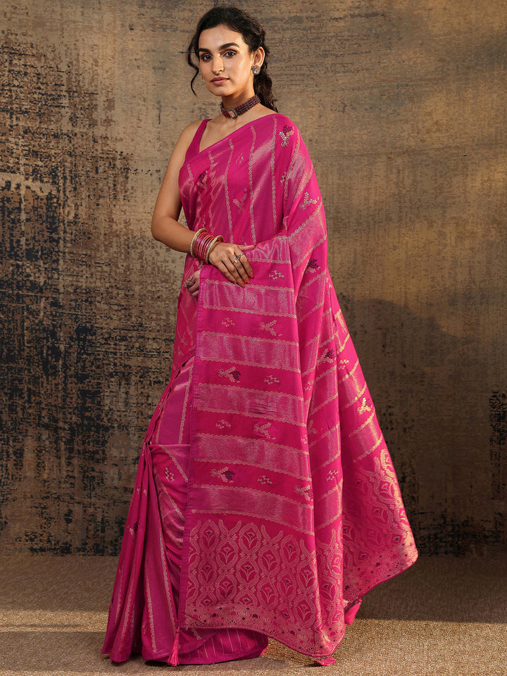 Pink Woven Design Silk Blend Saree With Unstitched Blouse Piece