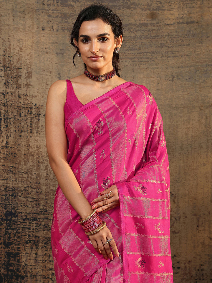 Pink Woven Design Silk Blend Saree With Unstitched Blouse Piece