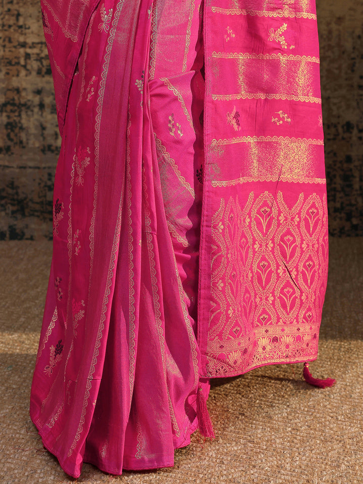 Pink Woven Design Silk Blend Saree With Unstitched Blouse Piece