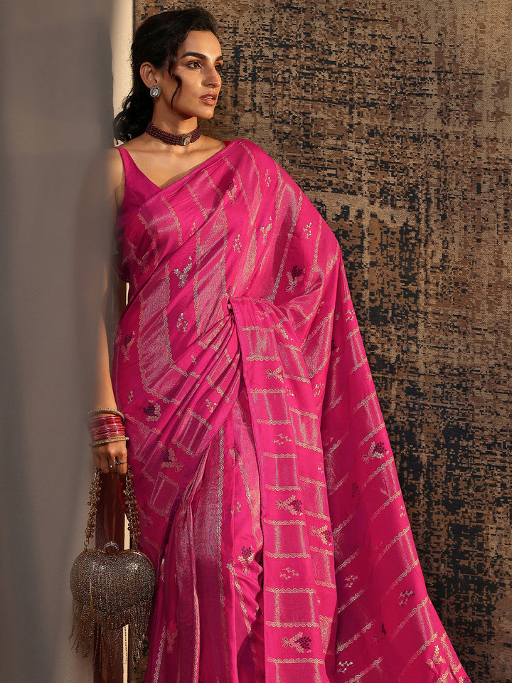 Pink Woven Design Silk Blend Saree With Unstitched Blouse Piece