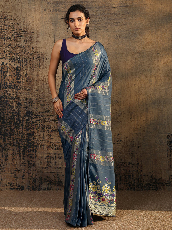 Blue Woven Design Silk Blend Saree With Unstitched Blouse Piece