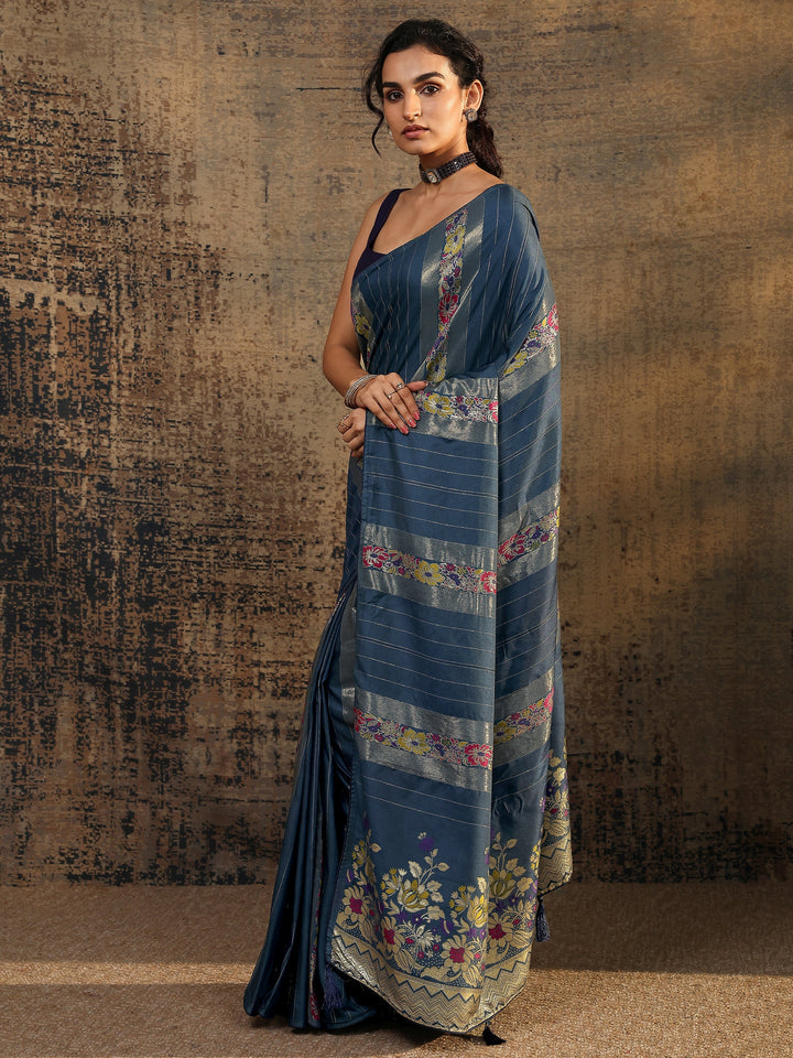 Blue Woven Design Silk Blend Saree With Unstitched Blouse Piece