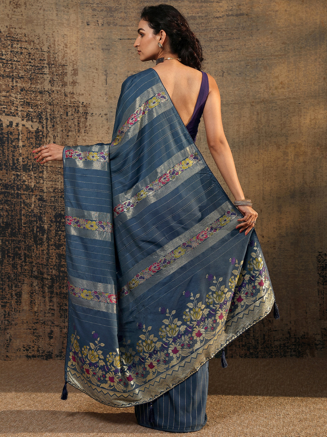 Blue Woven Design Silk Blend Saree With Unstitched Blouse Piece
