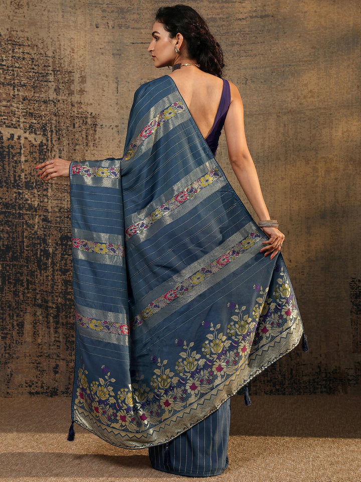 Blue Woven Design Silk Blend Saree With Unstitched Blouse Piece
