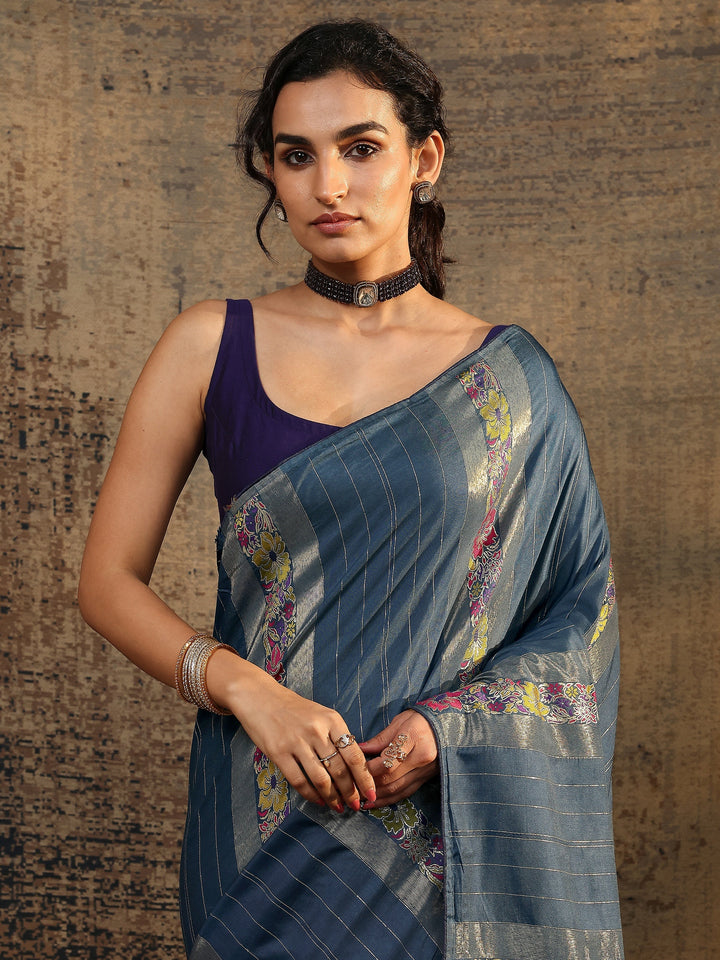 Blue Woven Design Silk Blend Saree With Unstitched Blouse Piece