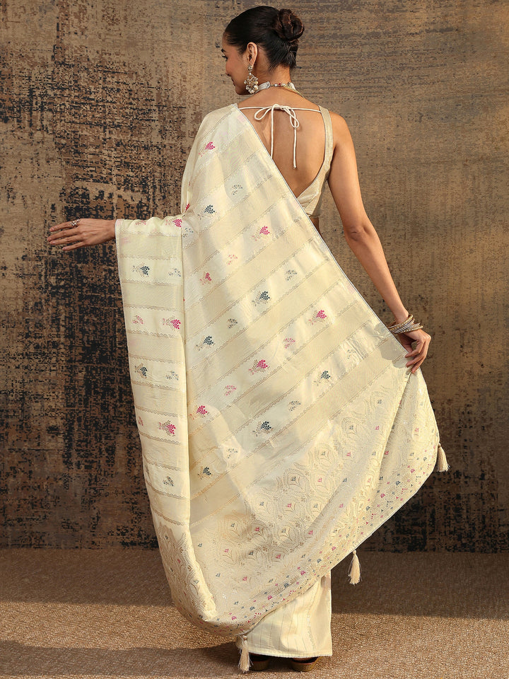 Cream Woven Design Silk Blend Saree With Unstitched Blouse Piece