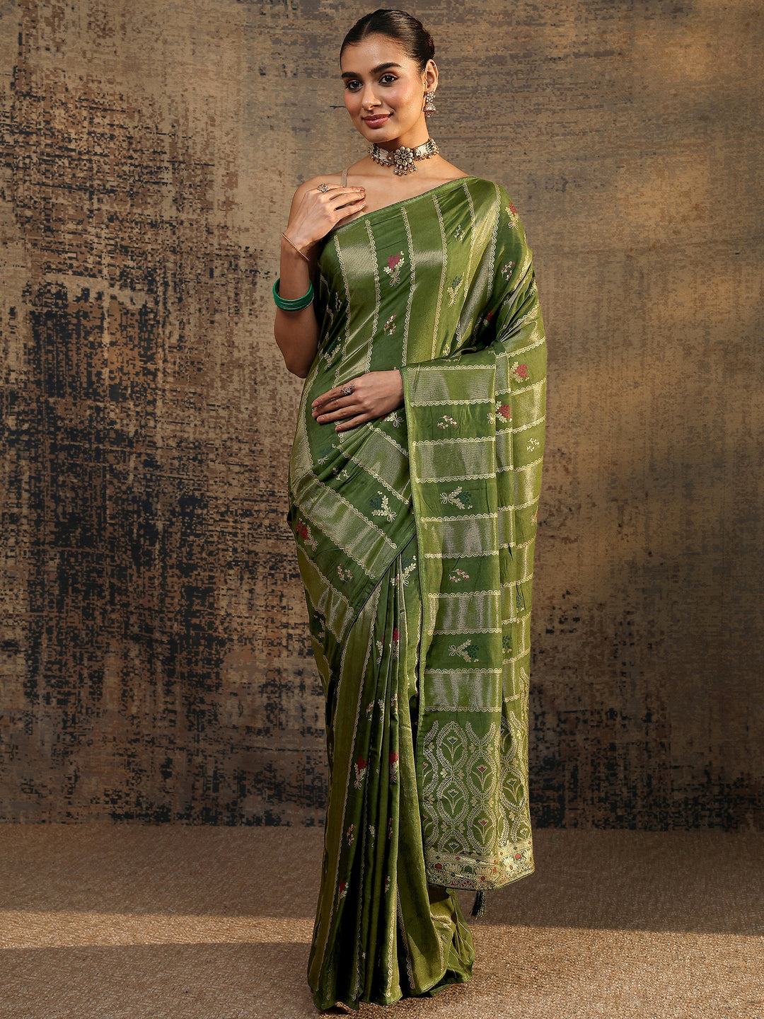 Olive Woven Design Silk Blend Saree With Unstitched Blouse Piece