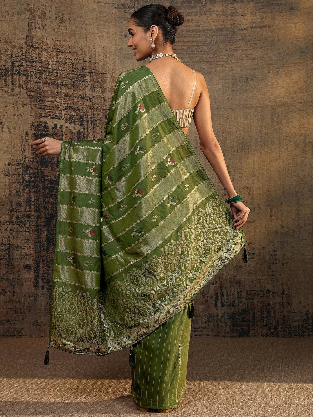 Olive Woven Design Silk Blend Saree With Unstitched Blouse Piece