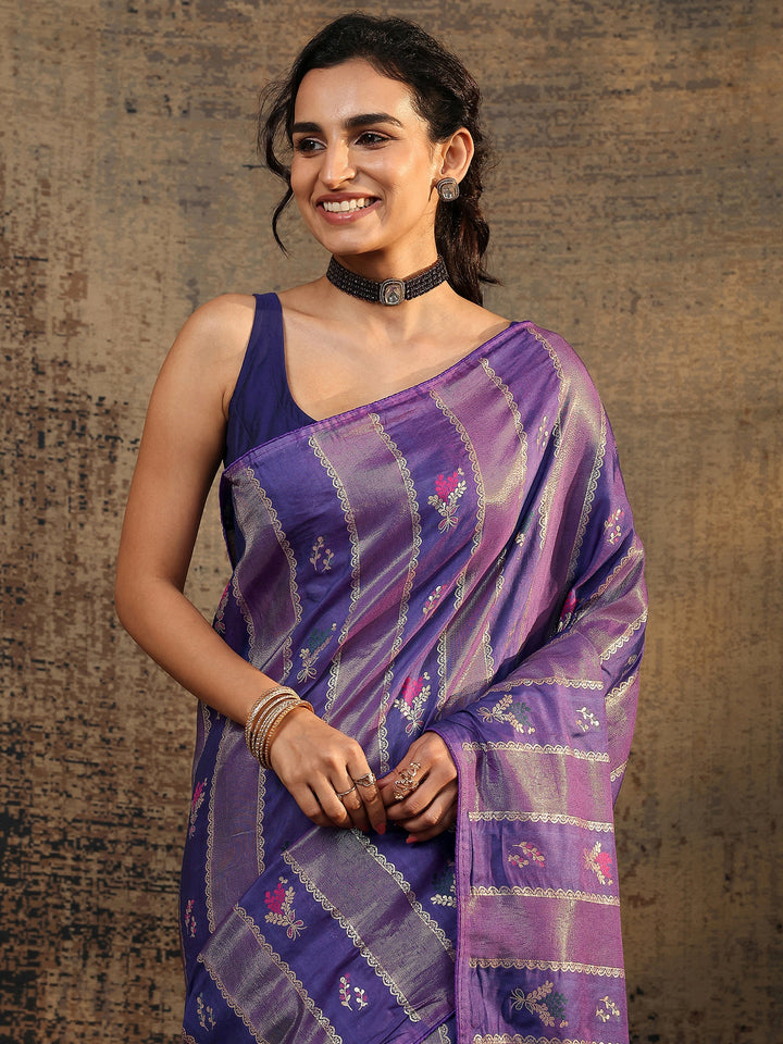 Purple Ikat Woven Design Silk Blend Saree With Unstitched Blouse Piece