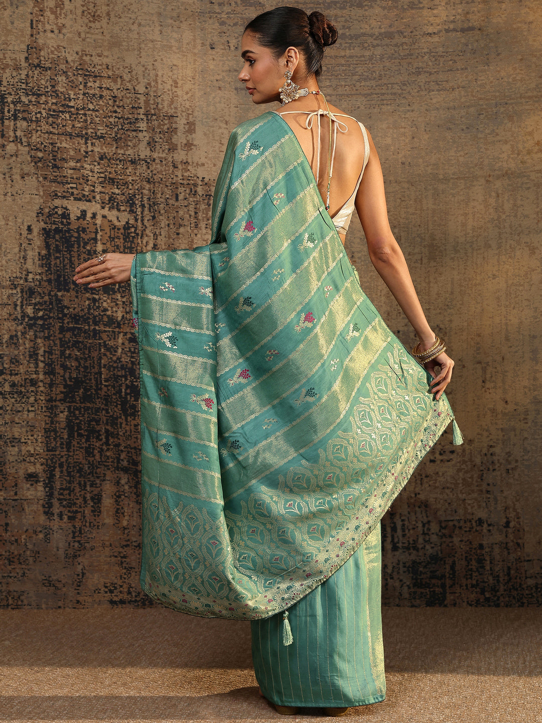 Teal Woven Design Silk Blend Saree With Unstitched Blouse Piece