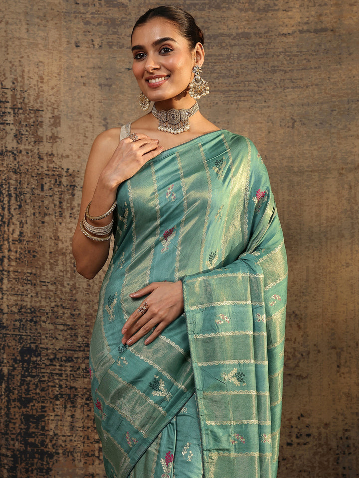 Teal Woven Design Silk Blend Saree With Unstitched Blouse Piece