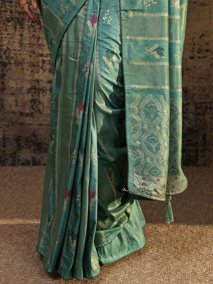 Teal Woven Design Silk Blend Saree With Unstitched Blouse Piece
