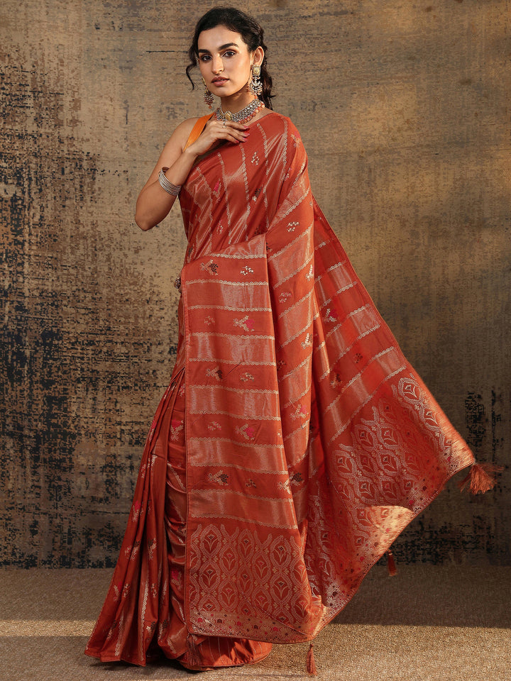 Rust Woven Design Silk Blend Saree With Unstitched Blouse Piece