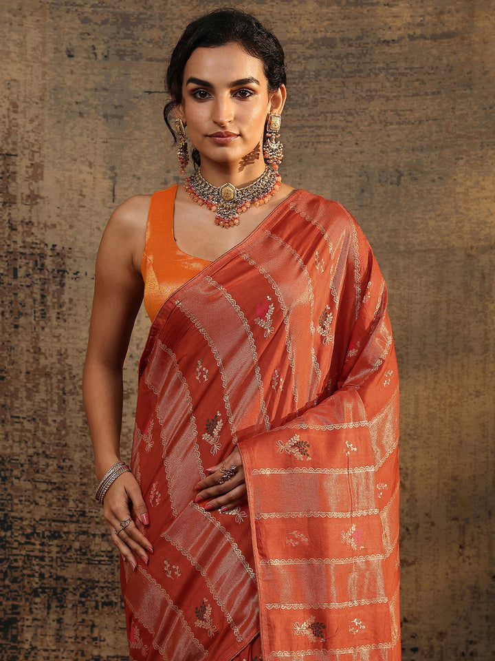 Rust Woven Design Silk Blend Saree With Unstitched Blouse Piece