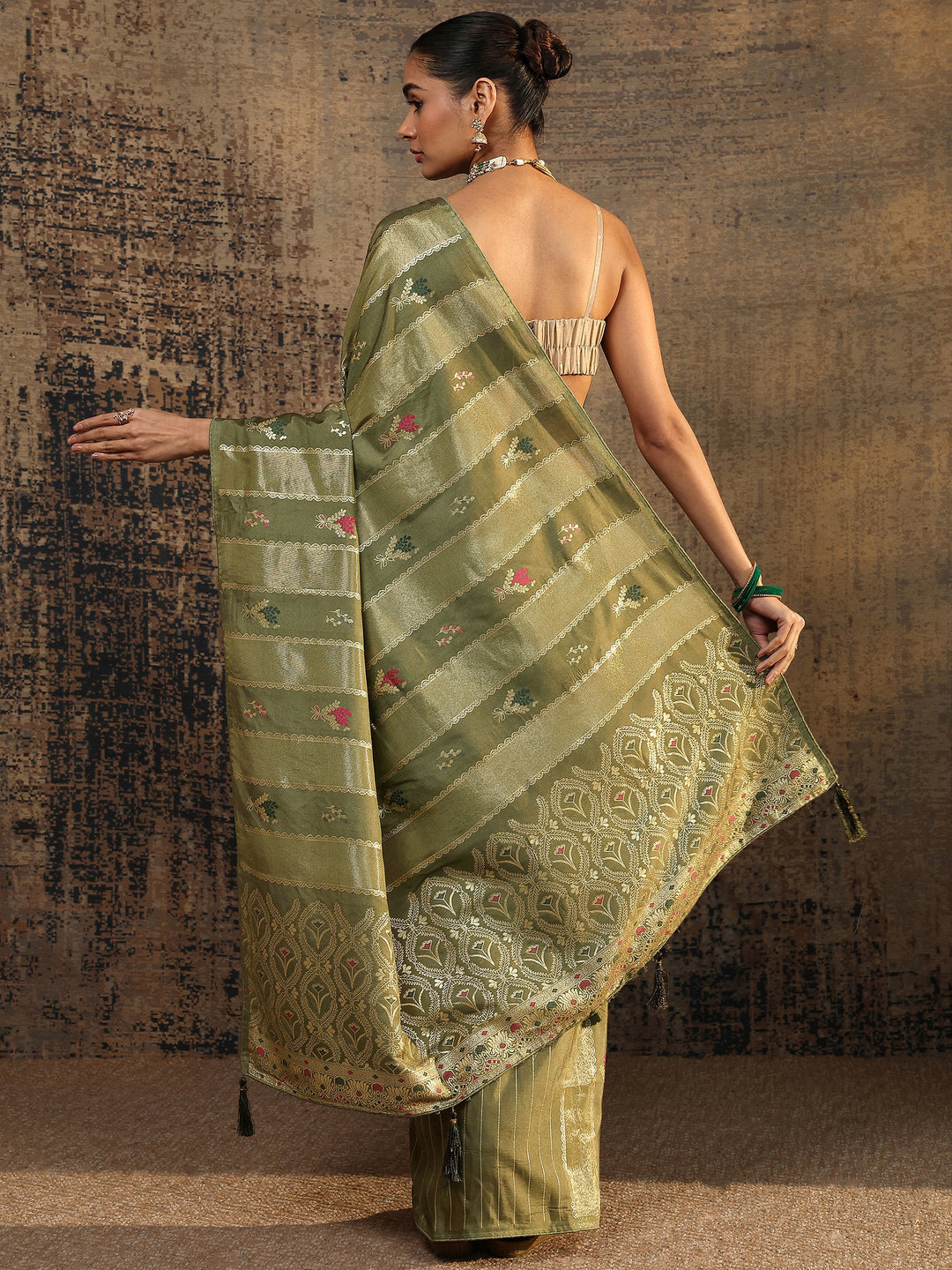 Olive Woven Design Silk Blend Saree With Unstitched Blouse Piece