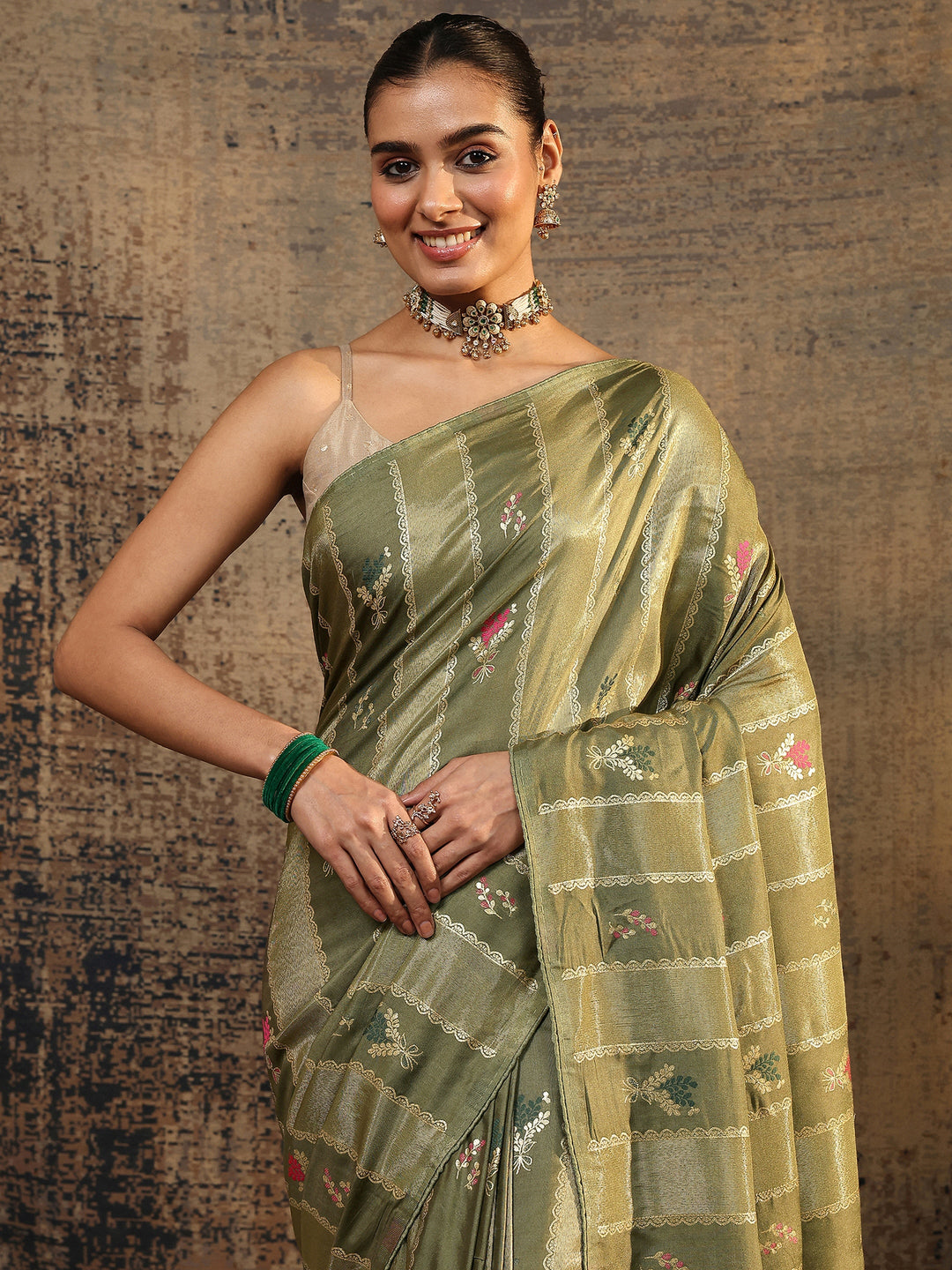 Olive Woven Design Silk Blend Saree With Unstitched Blouse Piece
