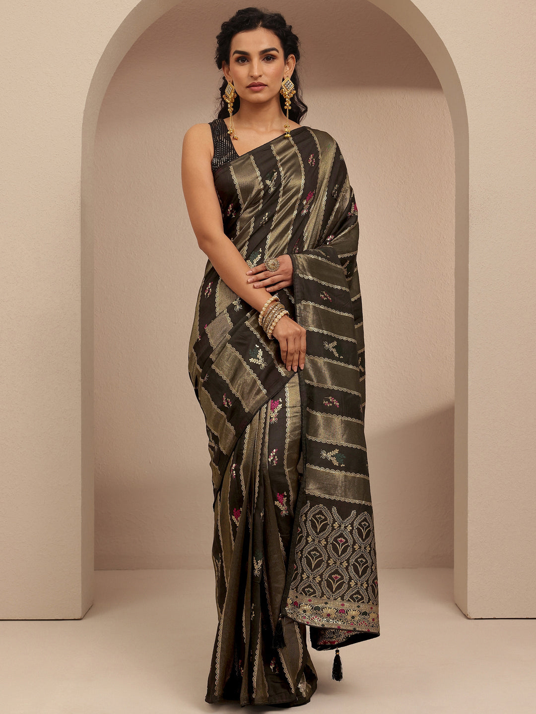 Olive Ikat Woven Design Silk Blend Saree With Unstitched Blouse Piece