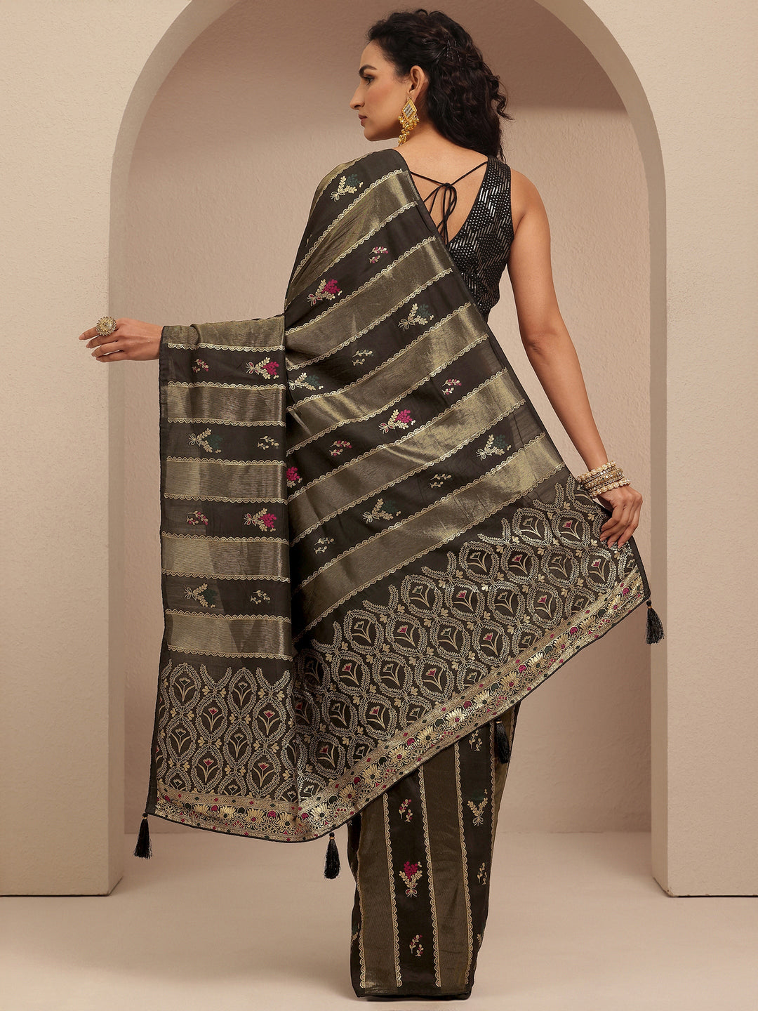 Olive Ikat Woven Design Silk Blend Saree With Unstitched Blouse Piece