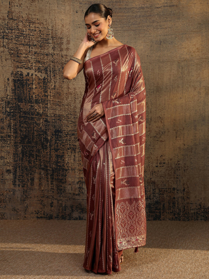 Burgundy Woven Design Silk Blend Saree With Unstitched Blouse Piece