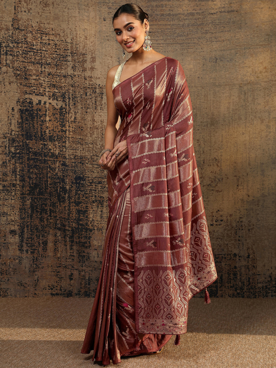 Burgundy Woven Design Silk Blend Saree With Unstitched Blouse Piece