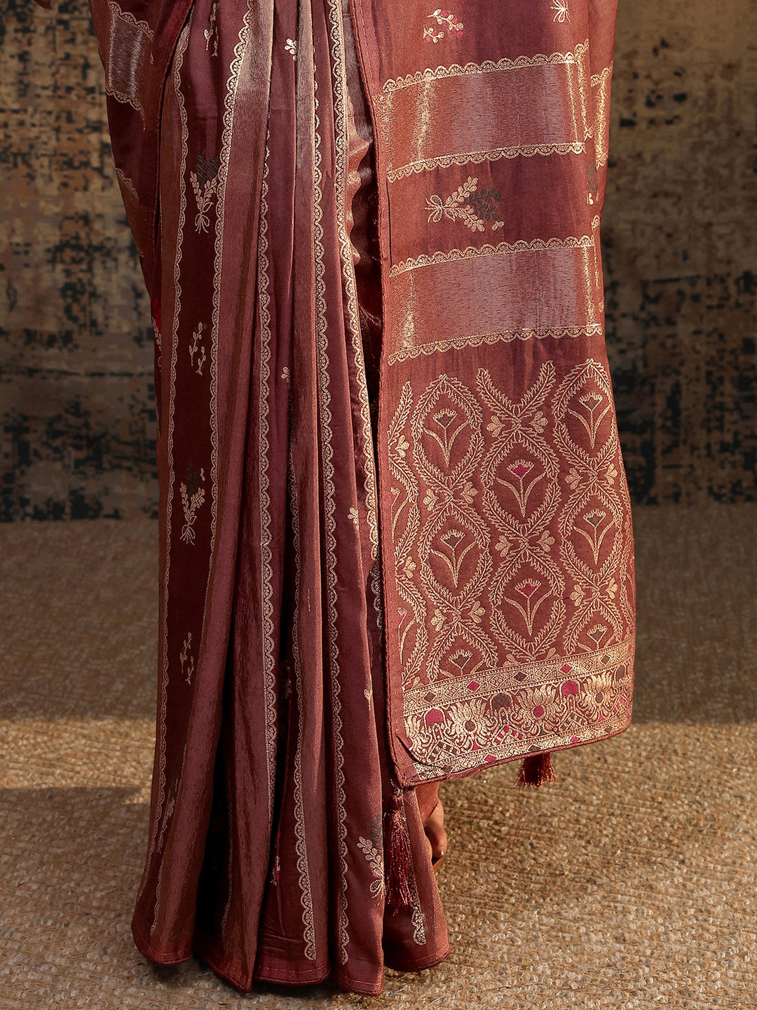 Burgundy Woven Design Silk Blend Saree With Unstitched Blouse Piece