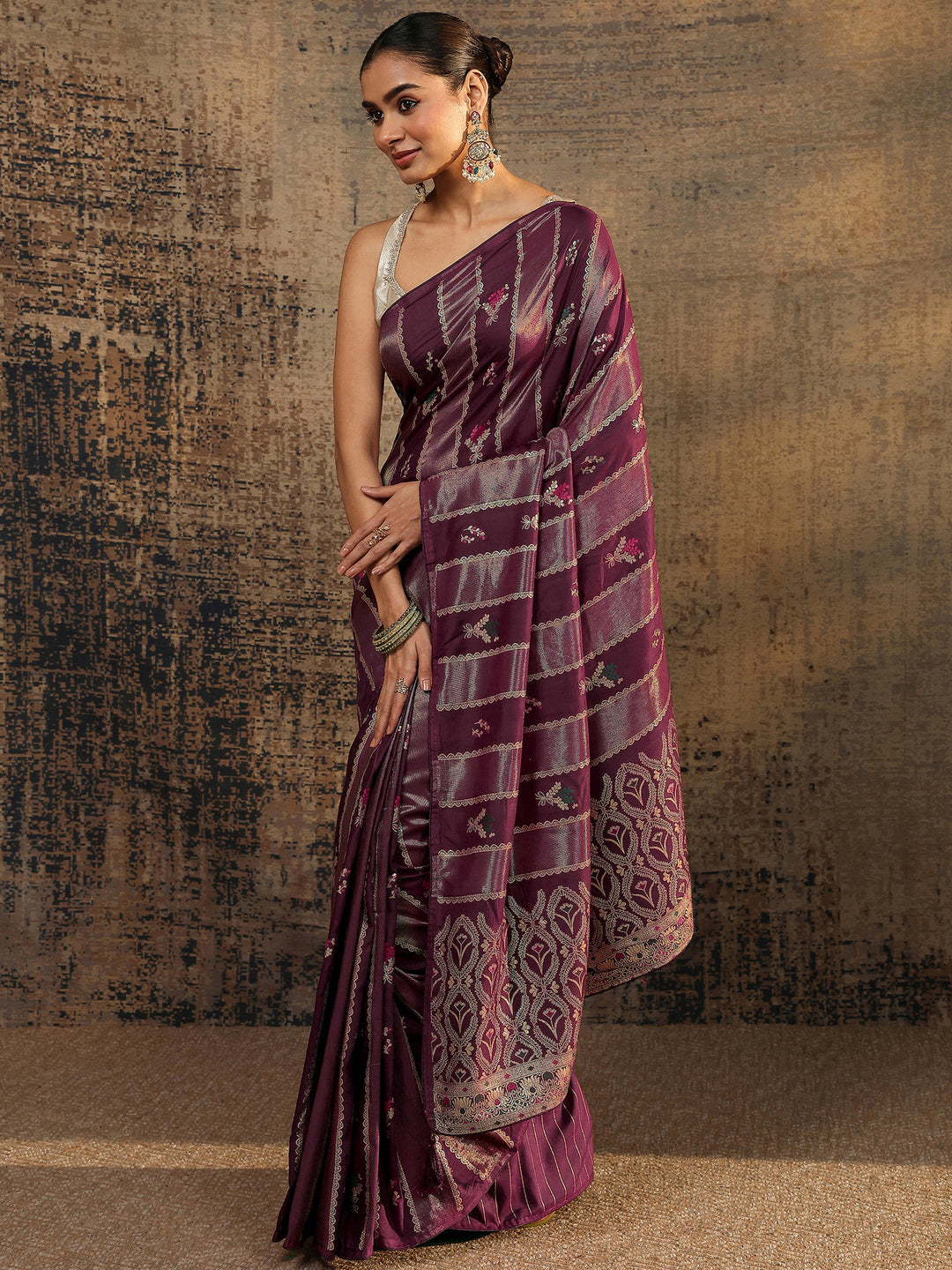 Burgundy Woven Design Silk Blend Saree With Unstitched Blouse Piece