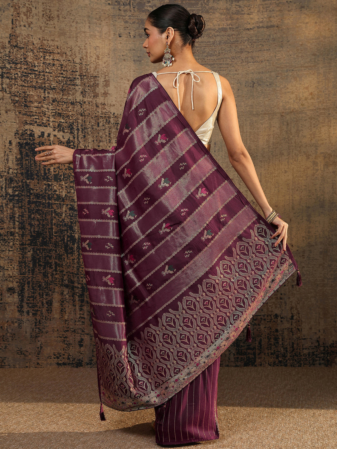 Burgundy Woven Design Silk Blend Saree With Unstitched Blouse Piece