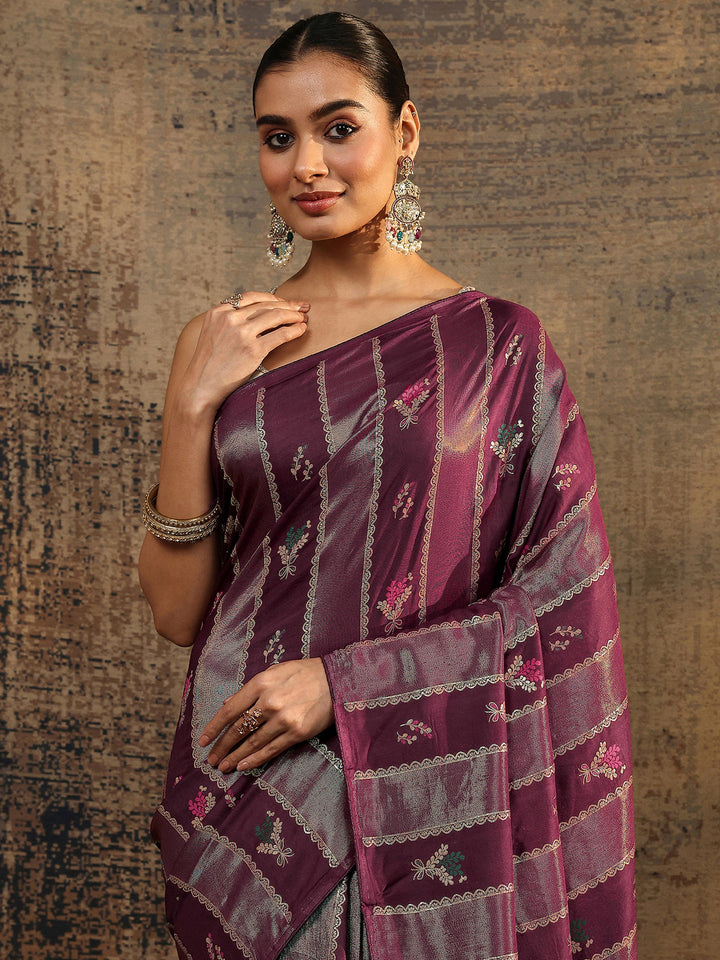 Burgundy Woven Design Silk Blend Saree With Unstitched Blouse Piece